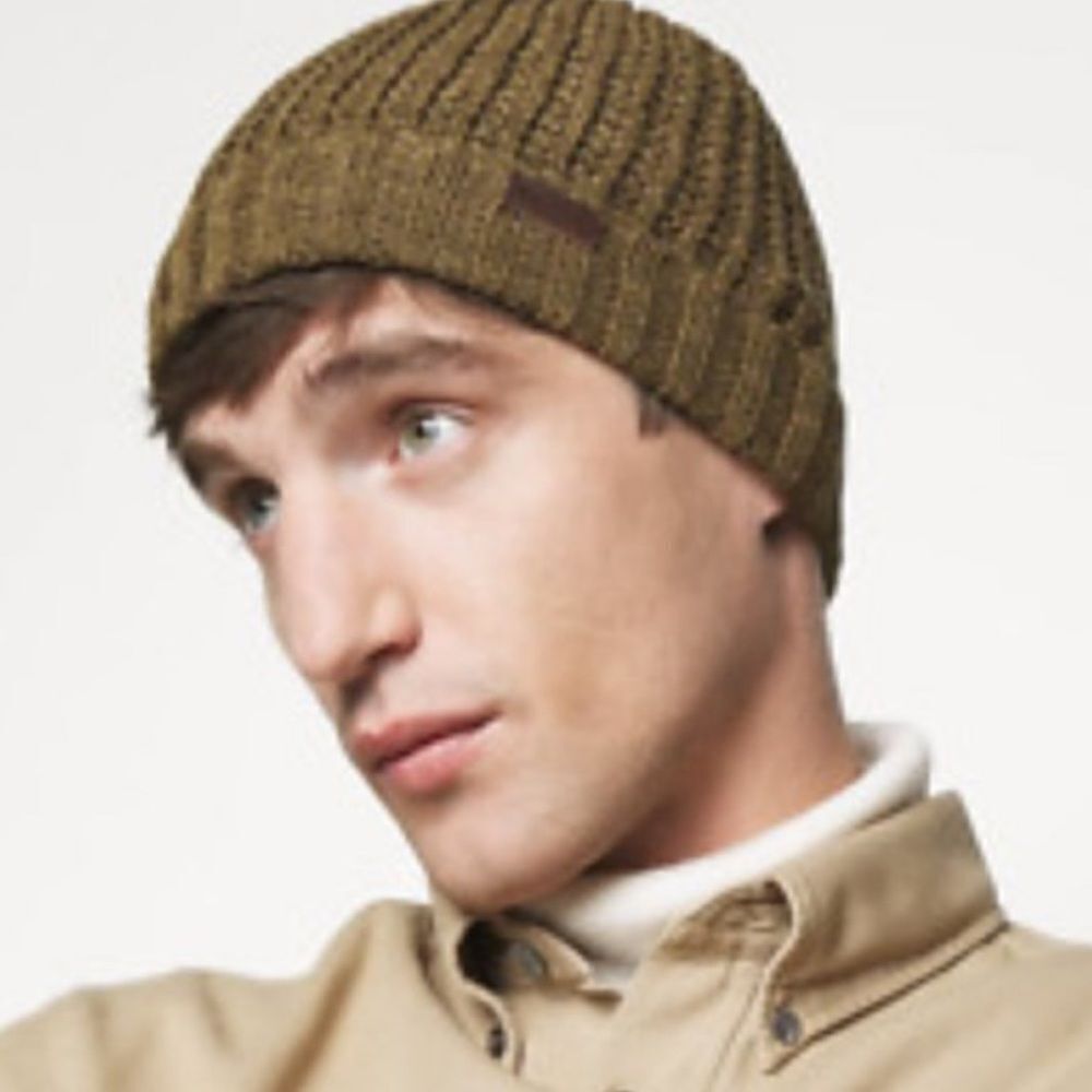 BARBOUR Darnick Olive Cotton BEANIE Knitted Toque Cuff unisex
